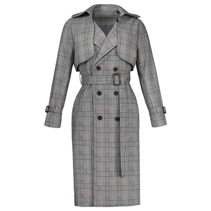 tailored coatWoman England Style Autumn Long Trench Coats 2018 Female Plaid Turn-Down Collar Sashes Gray Color Long Trench Coats For Woman