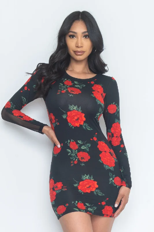 Best Deals Floral Print Sheer Mesh Long Sleeve Round Neck Mini Dress In Black* (JD34112LP)