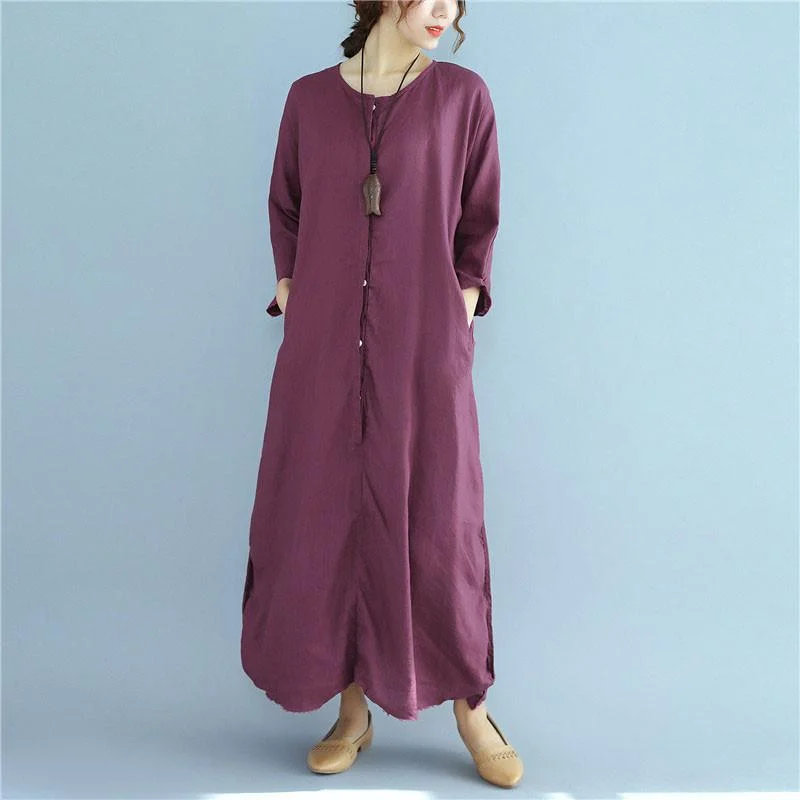 shift dressSimple linen dresses Fitted Loose Linen Long Sleeve Women Wine Red Dress