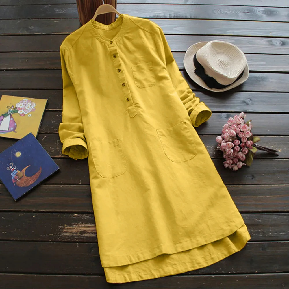 romantic dressJuliaFashion - Tunic Shirt 2024 Spring Women Long Sleeve Botton Pocket Long Female Casual Solid Linen Cotton Retro Vestidos Dress