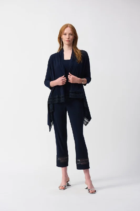 ruched dressJoseph Ribkoff Midnight Blue Silky Knit Straight Pants With Guipure Detail