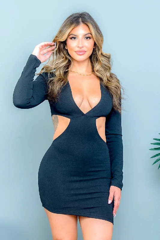 Price Drop Long Sleeve Plunge Mini Dress with Side Cut Outs (3462)