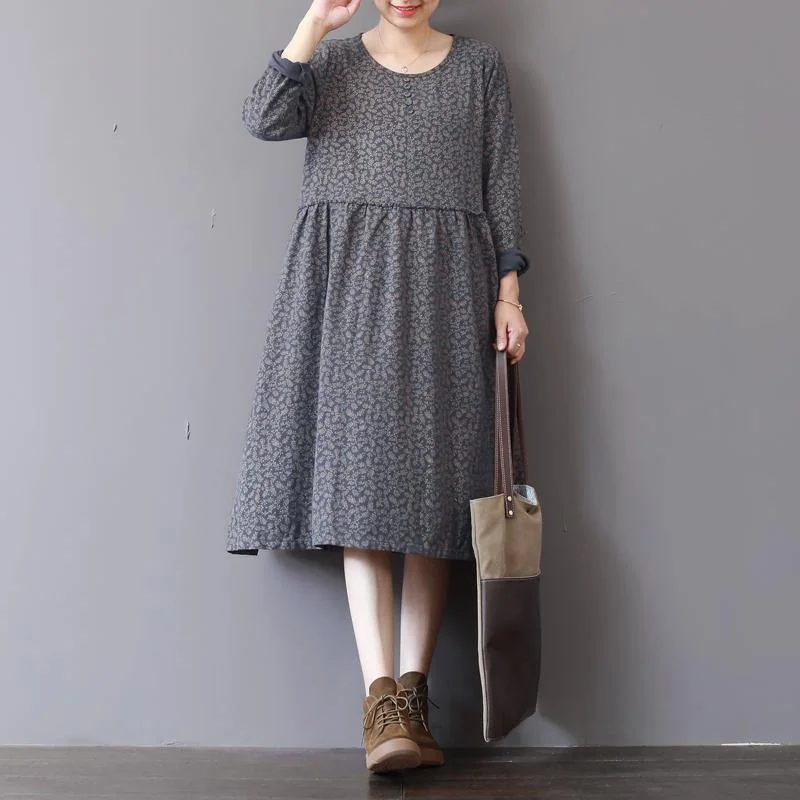 lace dress2018 gray prints natural cotton dress Loose fitting patchwork traveling clothing 2018 o neck autumn dress