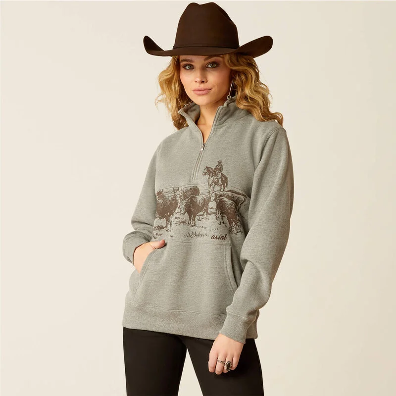 Ariat Women's 1/2 Zip Ranch Graphic Sweatshirt in Heather Grey (Plus Sizes Available)