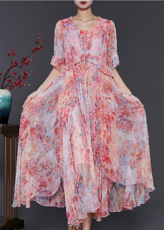 Fantastic Offers Women Red Ruffled Tie Dye Chiffon Robe Dresses Summer