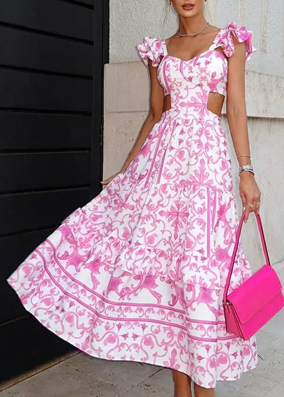 Midnight Sale Beautiful Pink Ruffled Hollow Out Backless Print Dresses Summer