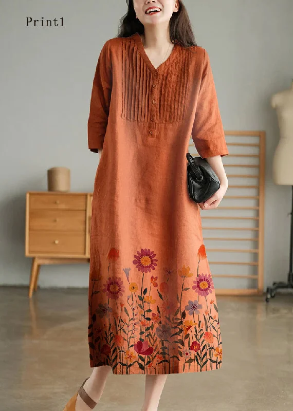 shift dressPrint1 Loose Linen Long Dresses Button Solid Half Sleeve