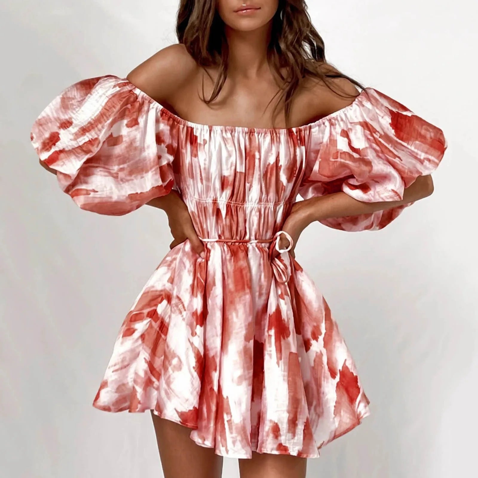 elegant maxi dressJuliaFashion - Fashion Off The Shoulder Ruffles Mini Women Printed Pleated Elasticated Puff Sleeve Short Women Summer Dress