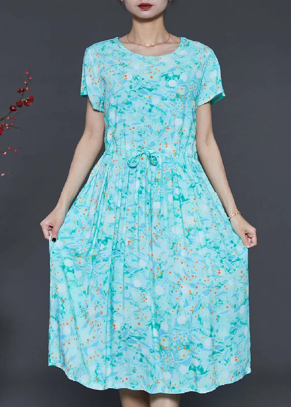 Weekend Deal Green Print Cotton Holiday Dress Cinched Summer