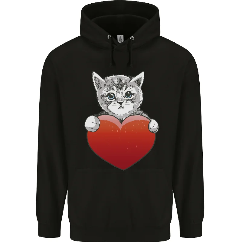 Early Access A Cute Cat With a Heart Love Valentines Day Mens 80% Cotton Hoodie