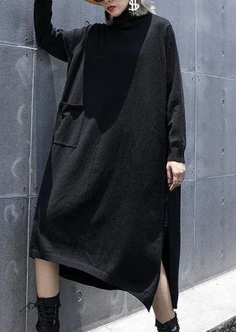 stylish party dressStyle side open cotton tunic top Work Outfits black A Line Dresses fall