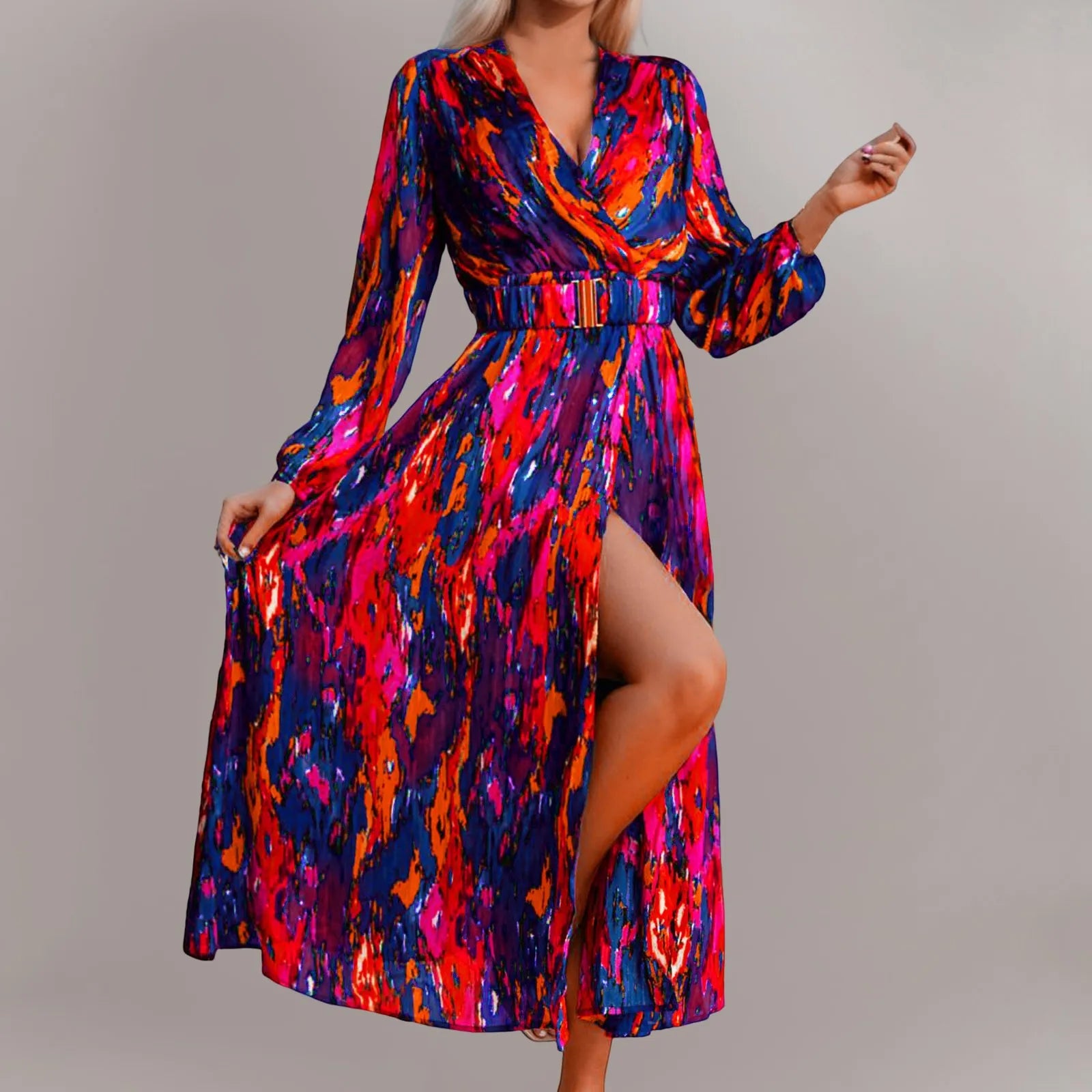 printed dressJuliaFashion - Sexy Deep V Neck Print Sashes Women Elegant Long Sleeve Slim Party 2024 Spring Autumn High Slit Vestidos Dress