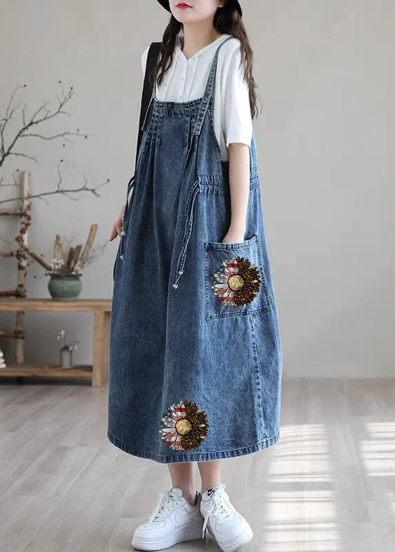 high-waisted dressPlus Size Blue-brown flower drawstring pocket Spaghetti Strap Cotton denim Dress Spring