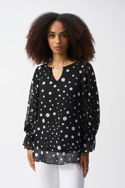 cocktail party dressJoseph Ribkoff Black/Vanilla Chiffon Dot Print Boxy Top