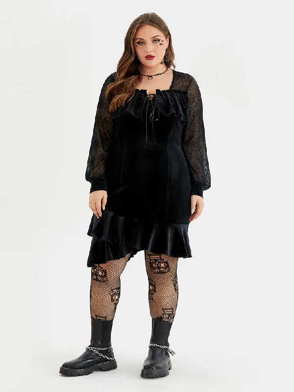 layered dressHalloween Spider Web Mesh Velvet Ruffle Hem Dress