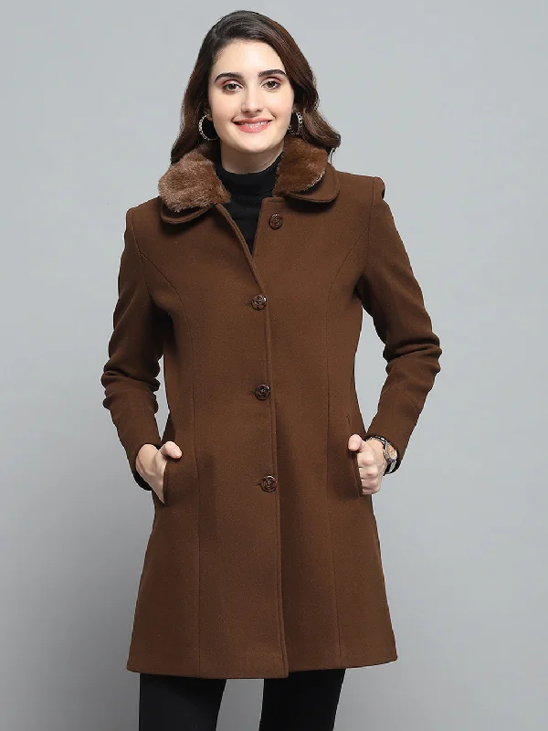 Special Price Women Brown Solid Collar Full Sleeve Coat