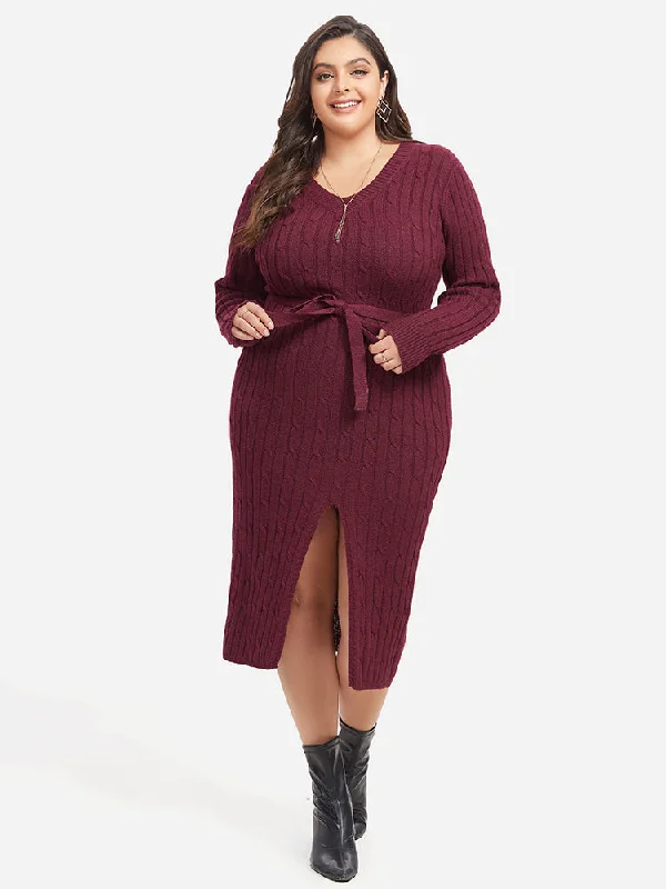 v-neck dressCable Knit Belted Split  Midi Sweater Dress