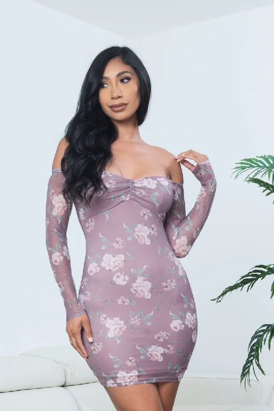 chic shift dressFloral Print Long Sleeve Off Shoulder Ruched Bust Bodycon Mini Dress in Mauve (CD54542)