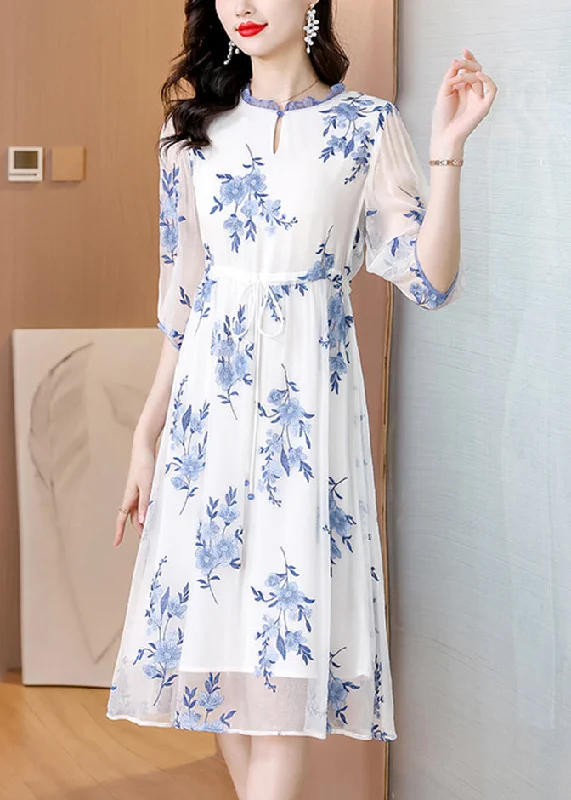 ruched dressNew Light Blue Ruffled Print Drawstring Chiffon Dresses Summer