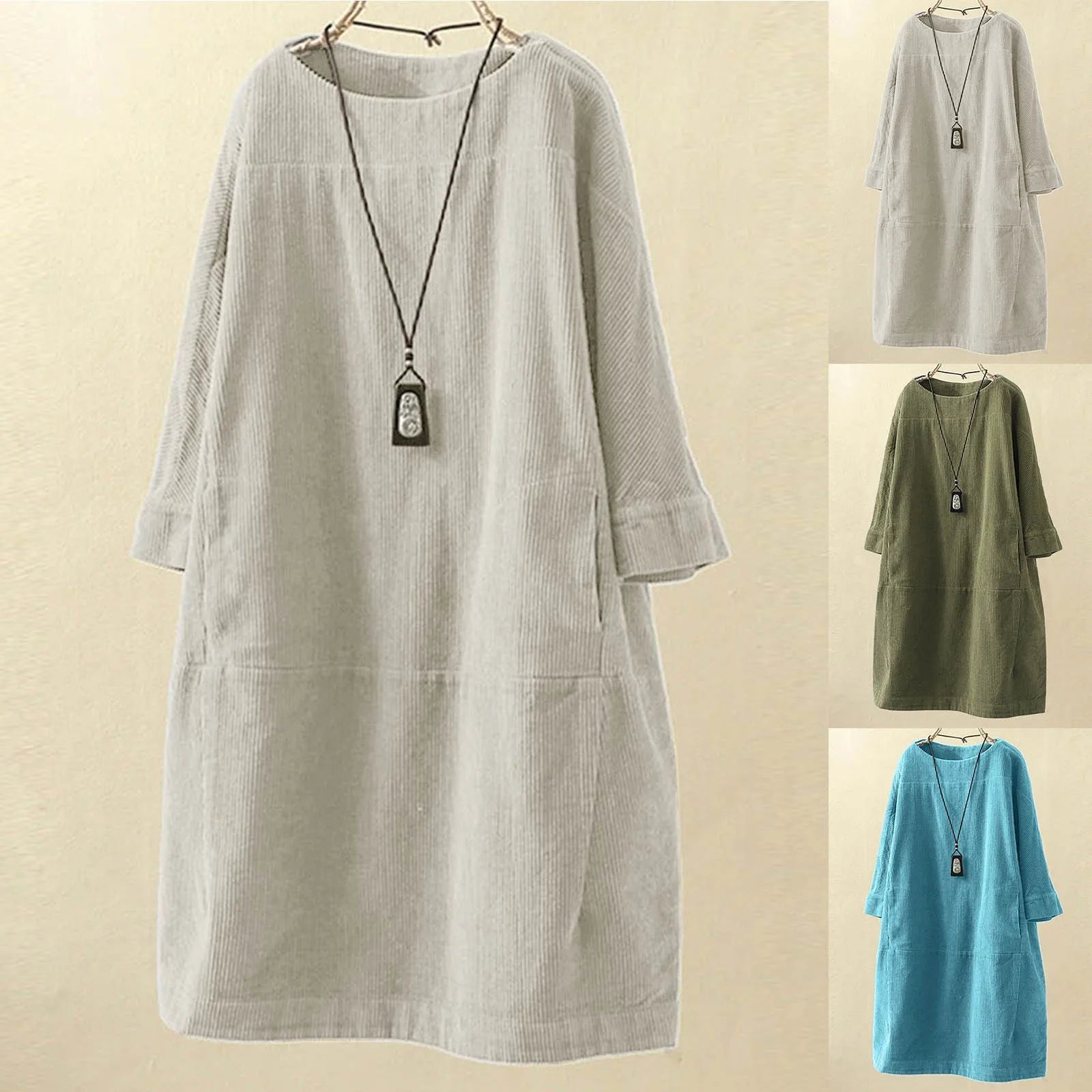 classic fit-and-flare dressJuliaFashion - Women Vintage Loose Pockets Corduroy Solid Color Long Sleeve Round Neck Casual T Shirts Women Summer Autumn Clothes Dress