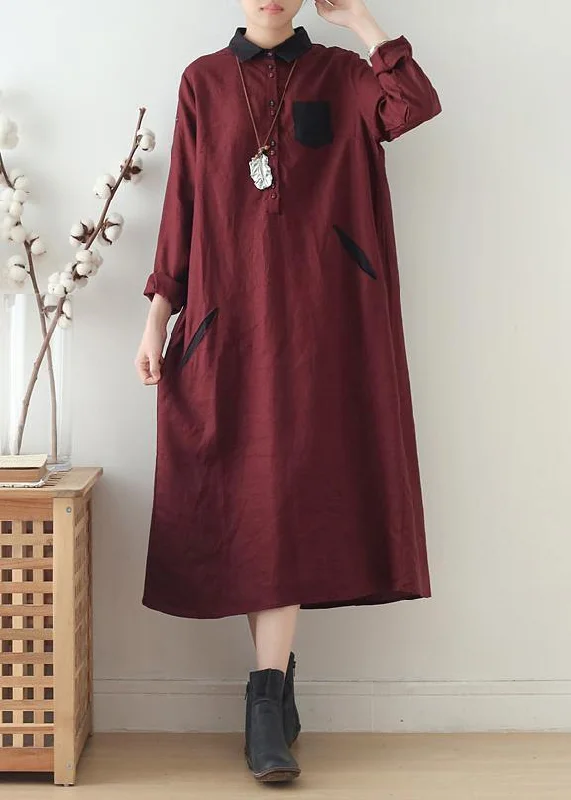 silk dressModern burgundy linen Wardrobes lapel pockets Maxi fall Dresses