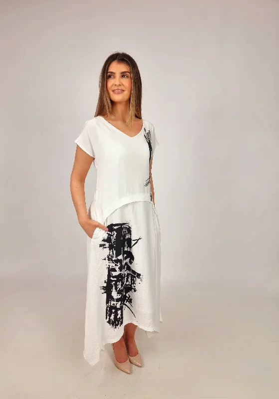 Big Discounts Naya White Dress With Placement Print Skirt