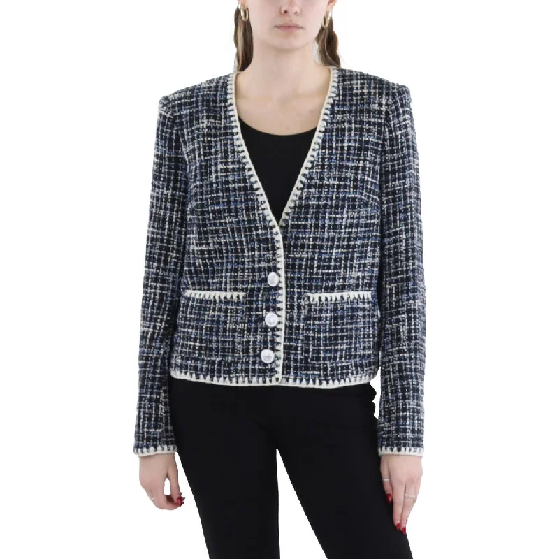 Stock Clearance Womens Tweed Contrast Trim Collarless Blazer