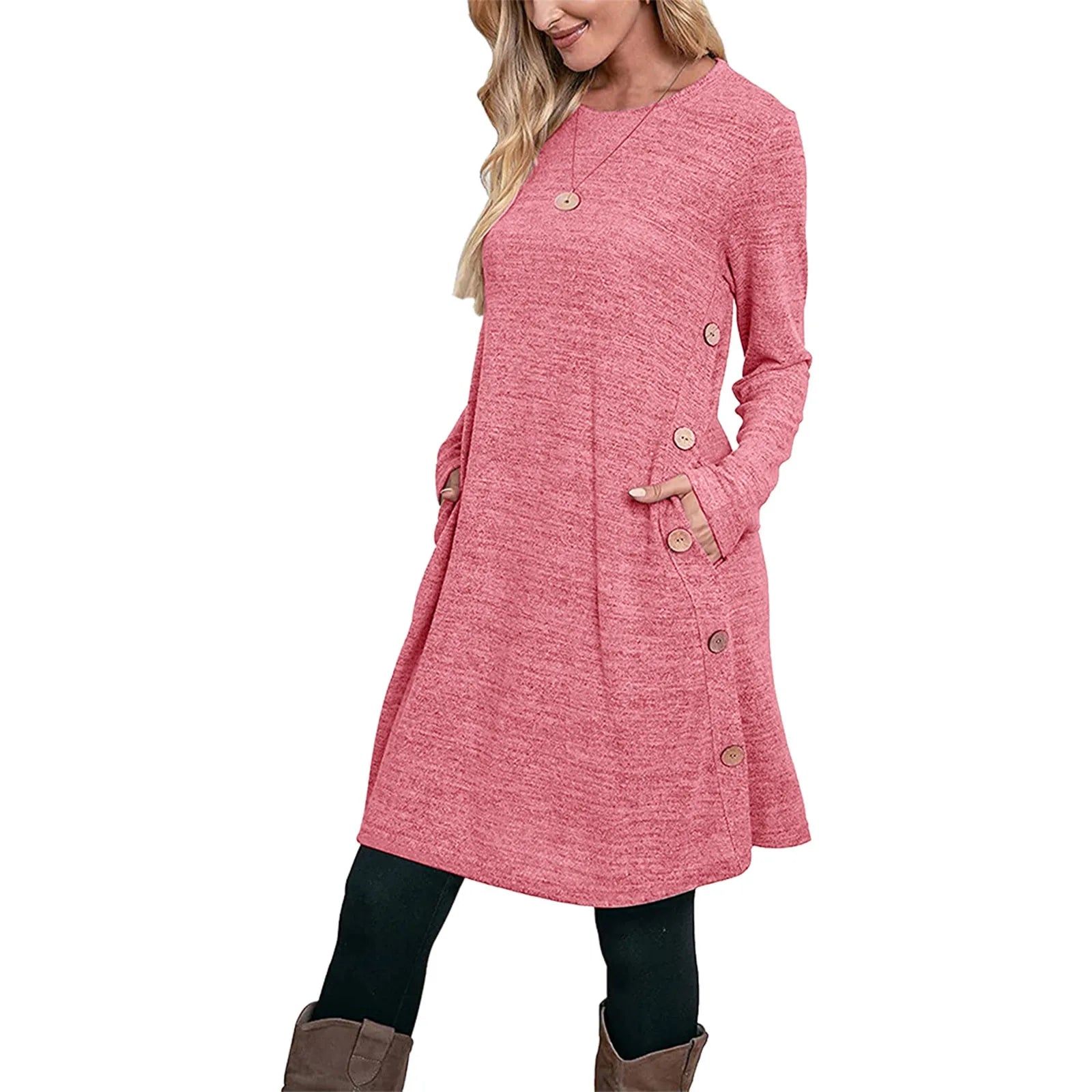 Low Prices JuliaFashion - Ladies Round Neck Long Sleeve Solid Color Cotton Knit Buckle Pocket A Line Fashion SunFor Women Autumn 2024 Dress Low Prices JuliaFashion - Ladies Round Neck Long Sleeve Solid Color Cotton Knit Buckle Pocket A Line Fashion SunFor Women Autumn 2024 Dress