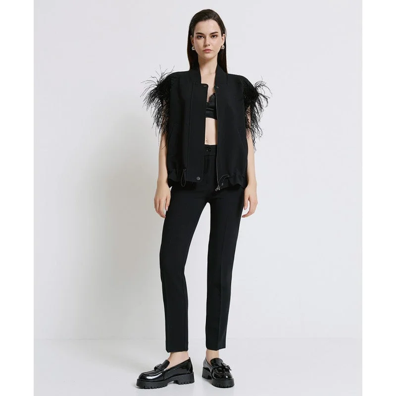 casual dressAccess Fashion Black Sleeveless Jacket With Feathers