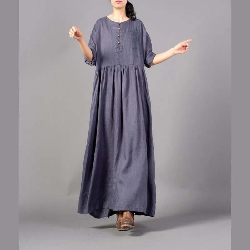 casual midi dressFine gray embroidery long linen dresses plus size O neck gown 2018 Cinched linen caftans