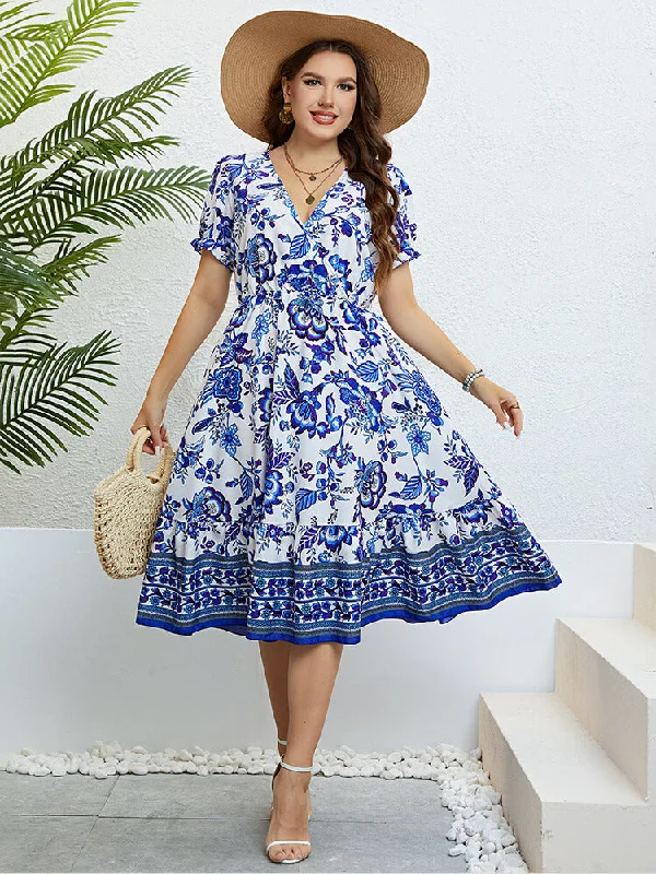 relaxed fit dressPlus Blue Floral Puff Sleeve Ruffle Hem Elastic Waist Midi Dress