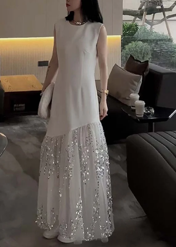 Factory Direct Sale French White O Neck Sequins Tulle Patchwork Dresses Sleeveless