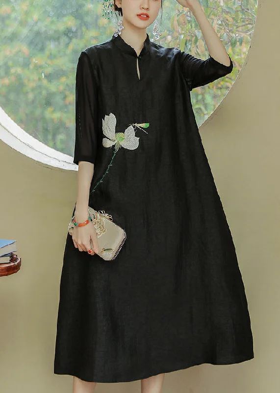 Epic Deals Loose Black Stand Collar Print Pockets Silk Dress Half Sleeve