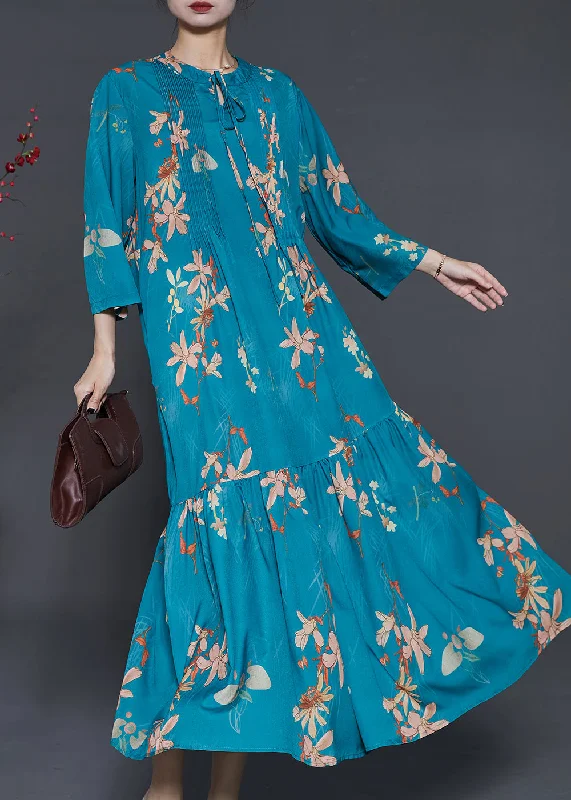 Lowest Price French Peacock Blue Print Wrinkled Silk Holiday Dress Summer
