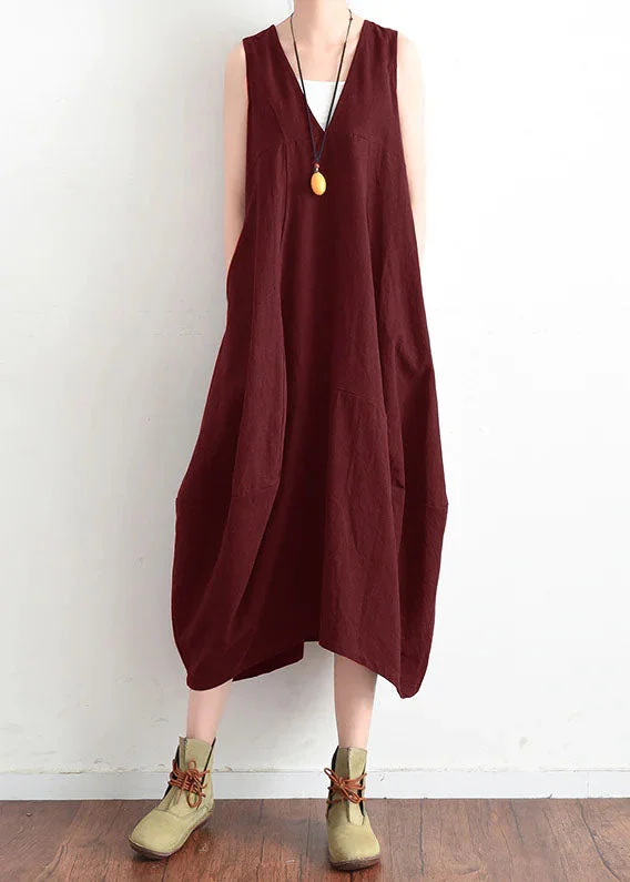 elegant dressFrench Red v neck linen clothes For Women stylish design sleevless loose summer Dress