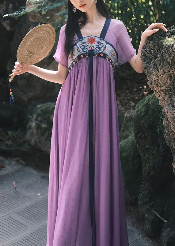 draped dressChinese Style Purple Embroidered Wrinkled Chiffon Long Dress Summer