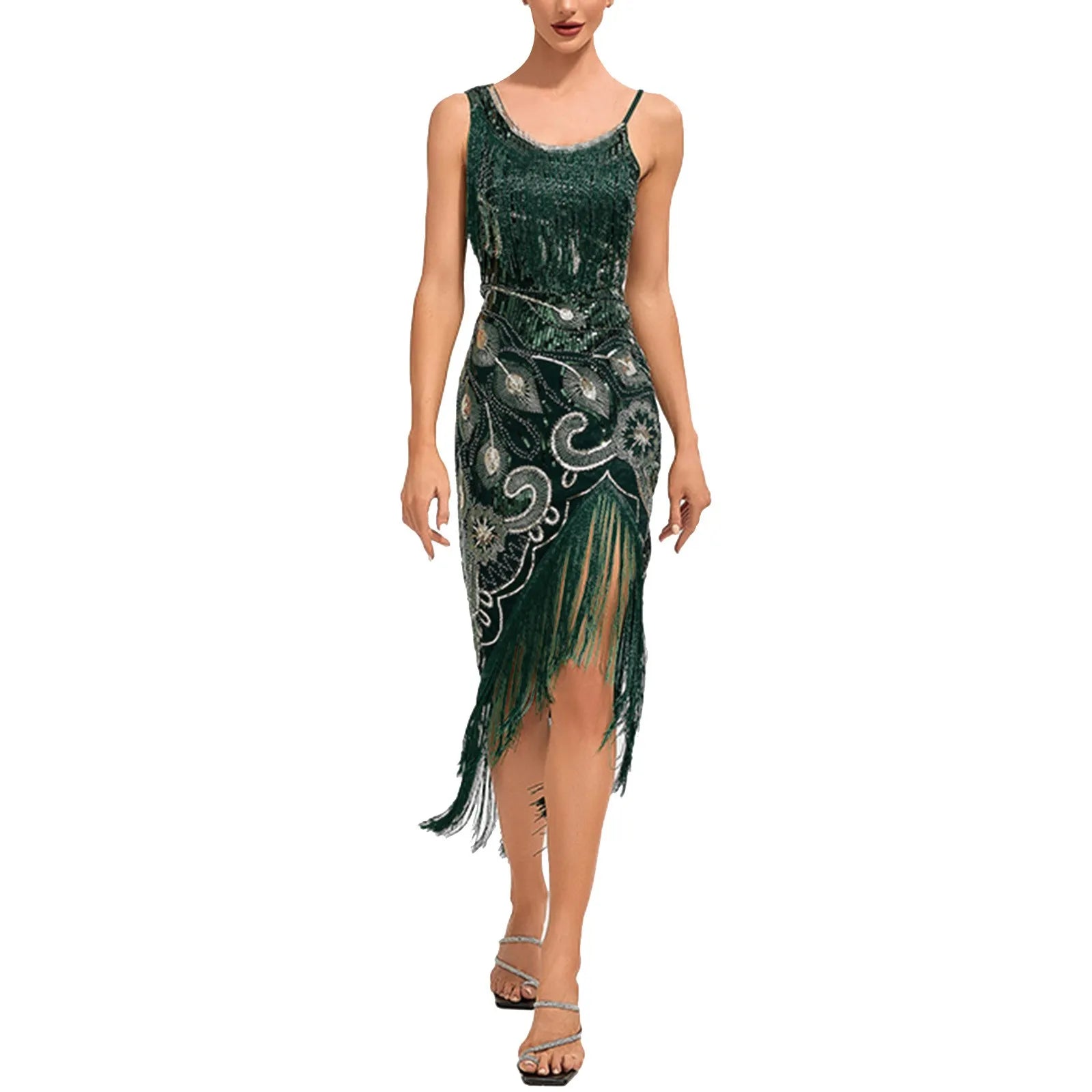 Exclusive Deal JuliaFashion - 1920s Knee Length Flapper Party Tassels Hem Sequined Cocktail 20s Great Gatsby Art Decor Elegant Dress