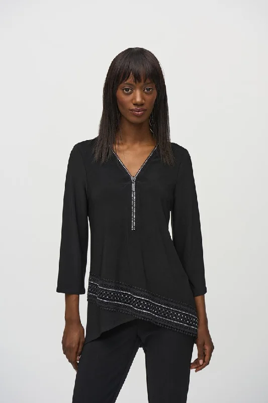 Blowout Deals Joseph Ribkoff Black Silky Knit Flared High Low Top