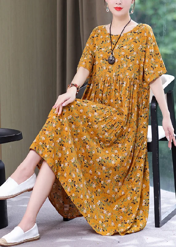 Instant Savings Style Yellow O-Neck Print Wrinkled Long Dress Summer