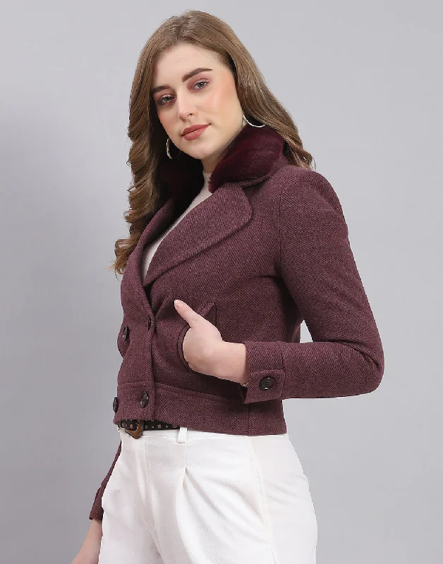 casual sports coatWomen Maroon Solid Lapel Collar Full Sleeve Coat