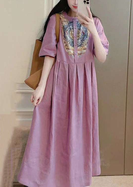 elegant shift dressBeautiful Purple Button Print Pockets Cotton Dresses Summer