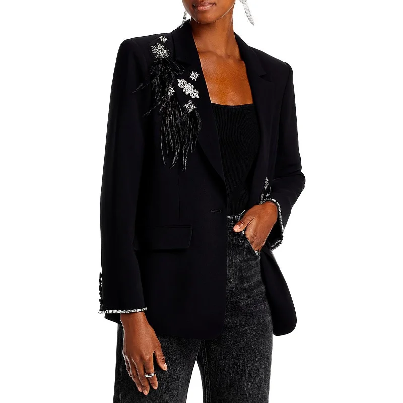 Instant Discount Womens Embellished Feathered One-Button Blazer