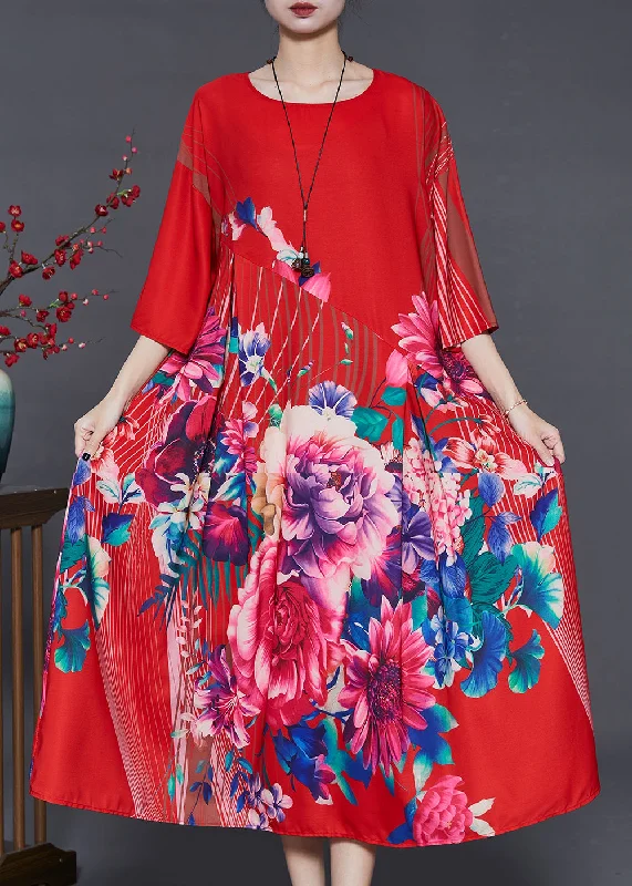Weekend Flash Sale Italian Red Oversized Floral Silk Dresses Summer