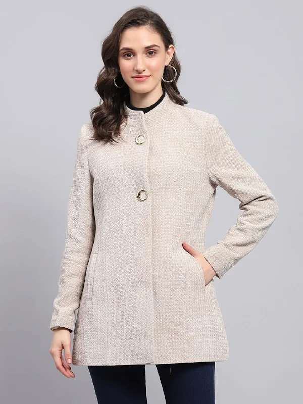 high-fashion coatWomen Beige Self Design Round Neck Full Sleeve Coat