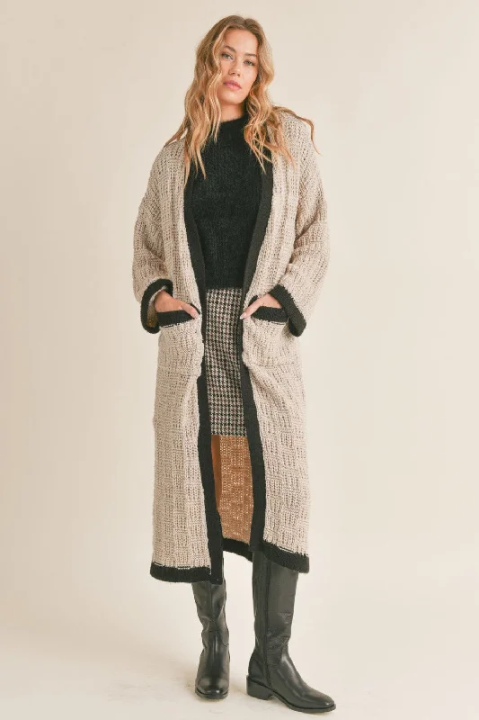 classic zip-up coatSadie & Sage Zenni Textured Knit Long Cardigan in Taupe