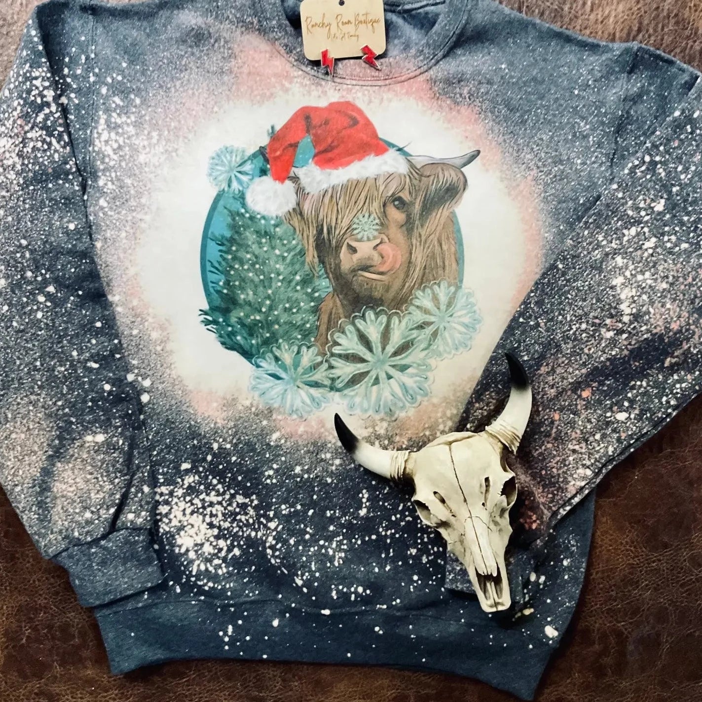 Deep Discounts Women's Christmas Highland Cow Distressed Sweatshirt