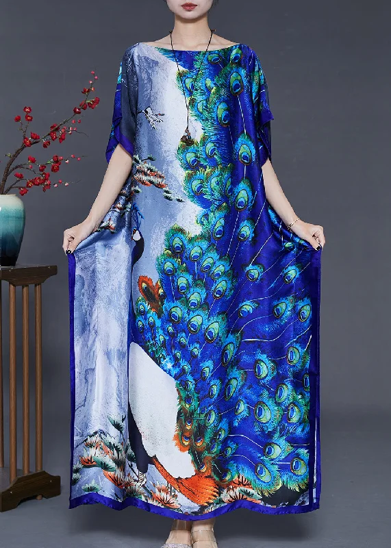Lowest Price Art Peacock Blue Print Silk Holiday Dress Batwing Sleeve