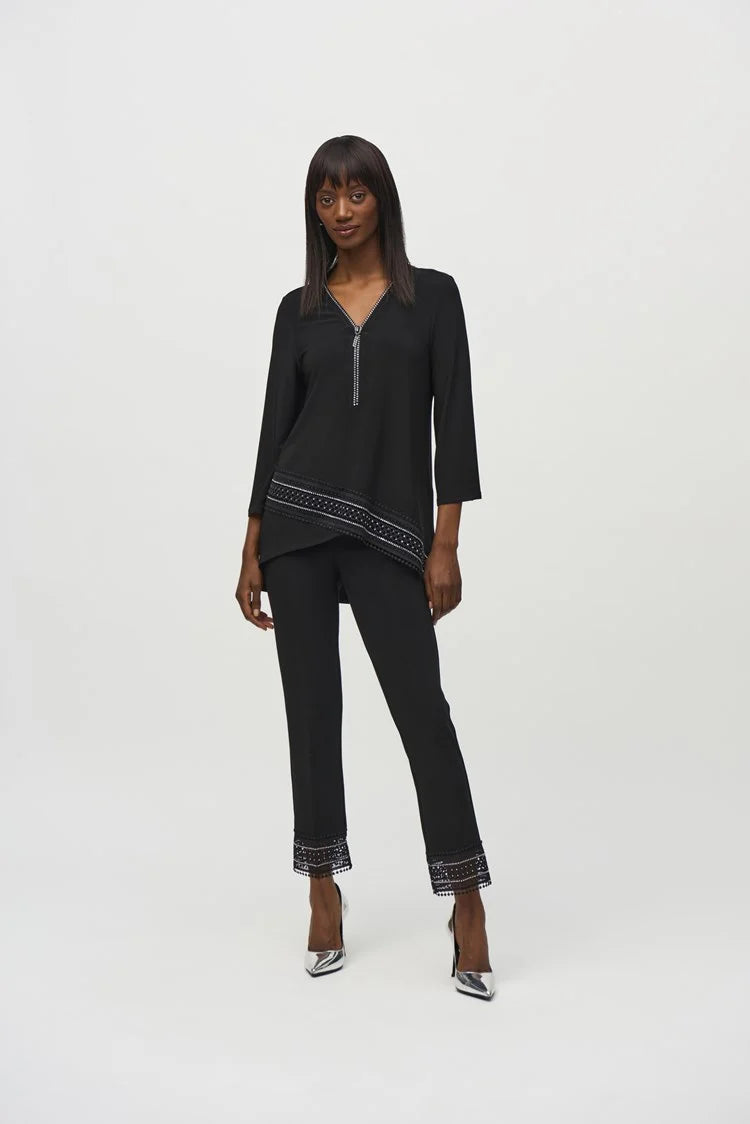 Price Reduction Joseph Ribkoff Black Silky Knit Straight Pants With Lace Detail