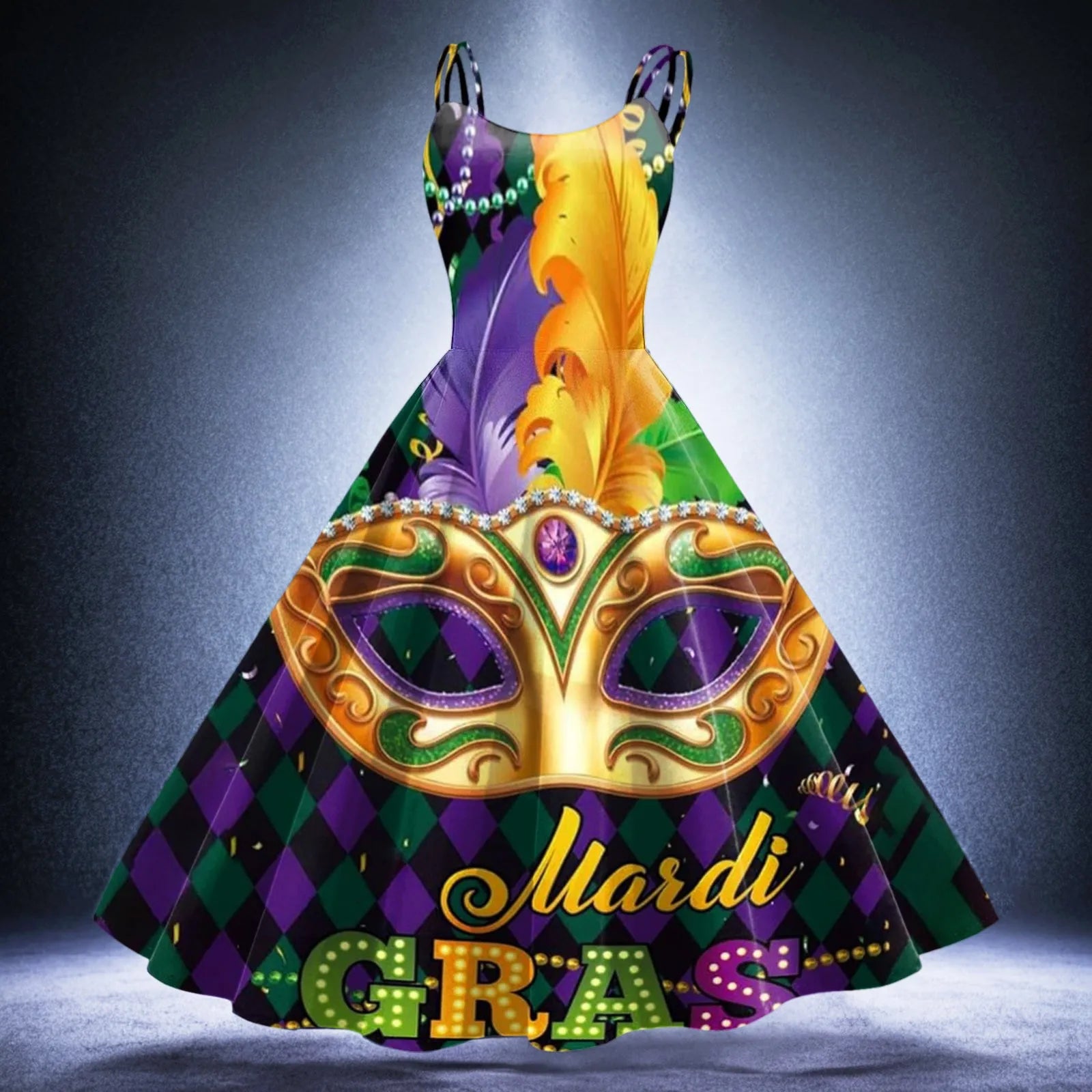 Crazy Deals JuliaFashion - Mardi Gras For Women 2024 New Carnival Mardi Gras Outfits Knee Length Retro A Line Flared Swing Mask Printed Party Dress