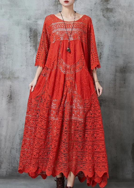 Bargain Prices Women Red Oversized Hollow Out Cotton Holiday Dress Summer